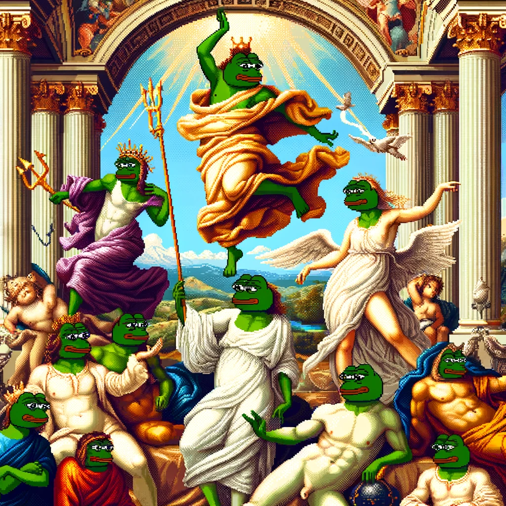 DALL·E 2024-01-22 19.54.43 - Pixel art depiction of frog characters inspired by Pepe posing as...png